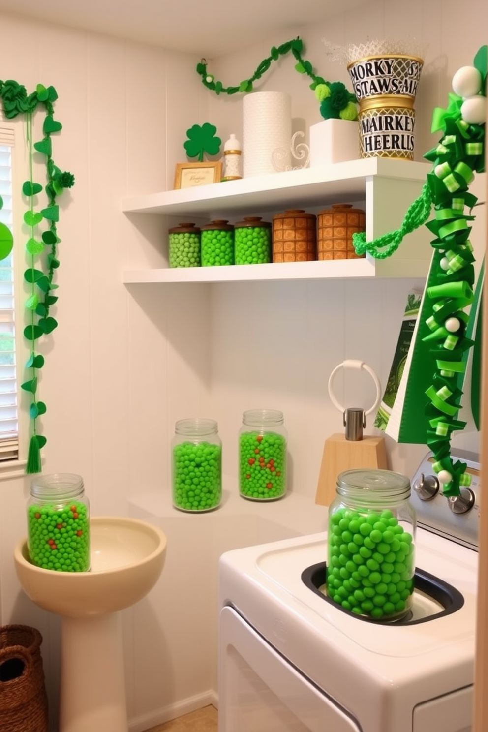 A charming laundry room decorated for St. Patrick's Day features decorative jars filled with vibrant green candies. The walls are adorned with festive garlands and accents, creating a cheerful and inviting atmosphere.