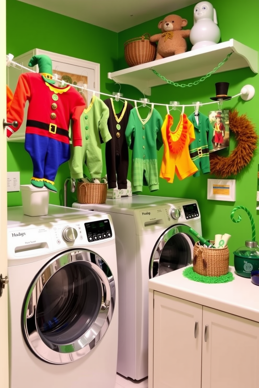 A whimsical laundry room featuring a clothesline adorned with colorful leprechaun outfits. The walls are painted in a bright green hue, and festive decorations inspired by St. Patrick's Day add a playful touch to the space.