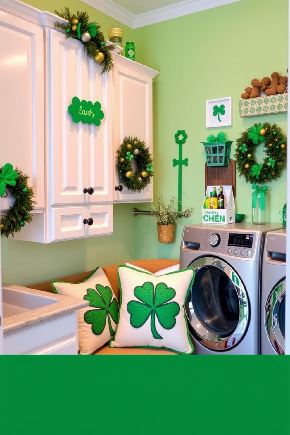 A cozy laundry room adorned with festive St. Patrick's Day decorations. Quilted shamrock pillows are placed on the seating area, adding a touch of charm and comfort. The walls are painted in a soft pastel green, complemented by white cabinetry for a fresh look. Green and gold accents throughout the room enhance the holiday spirit while maintaining a stylish atmosphere.