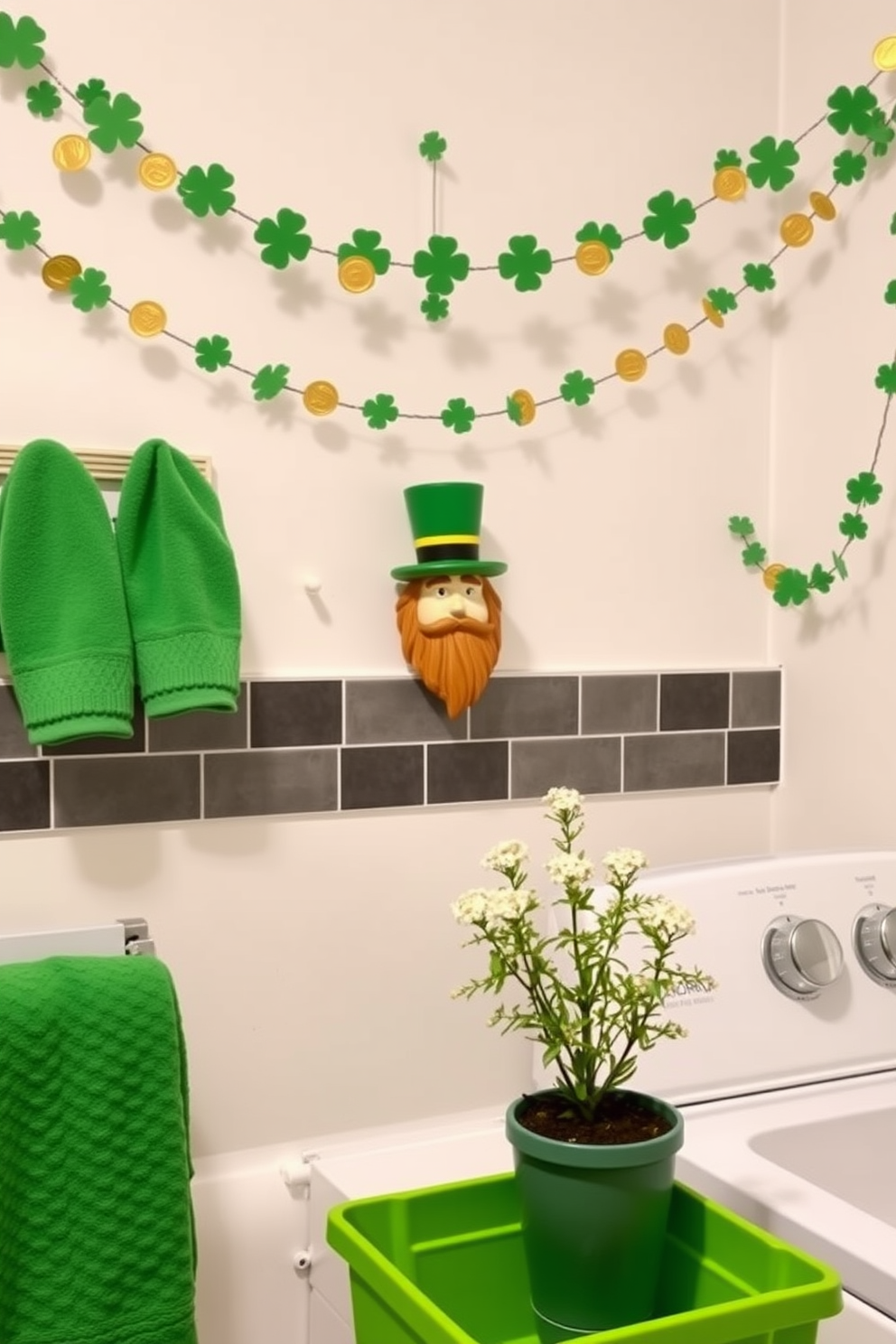 A charming laundry room decorated for St. Patrick's Day features a whimsical soap dispenser shaped like a leprechaun with a green hat. The walls are adorned with festive garlands of shamrocks and gold coins, creating a cheerful atmosphere for laundry day. Bright green accents are present throughout the space, including towels and storage bins, adding to the holiday spirit. A small potted plant with tiny white flowers sits on the countertop, bringing a touch of freshness to the room.