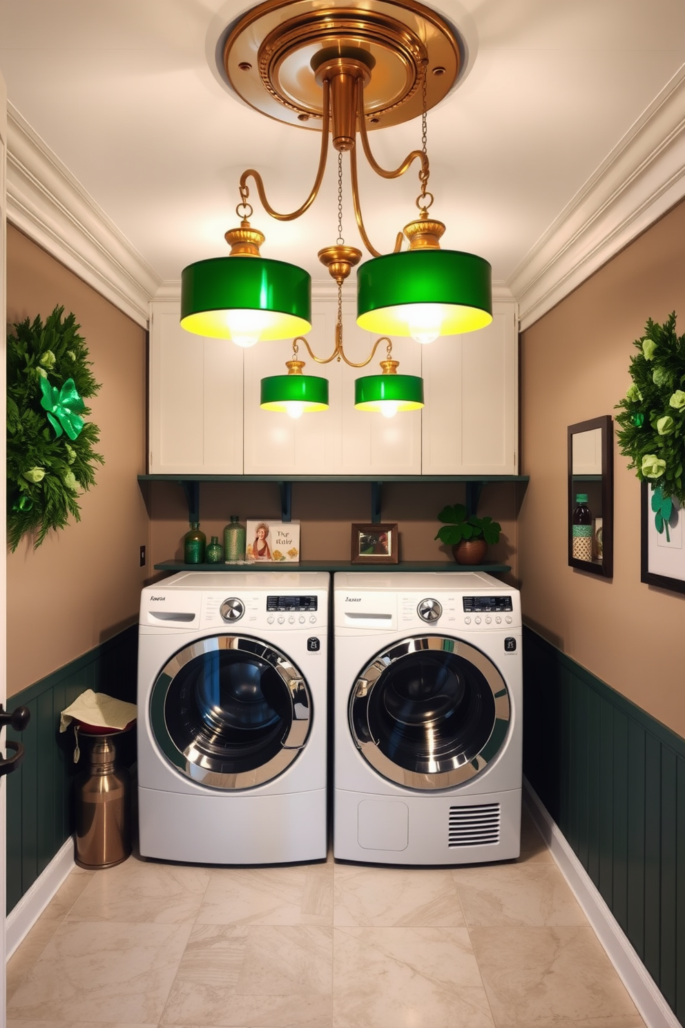 A stylish laundry room featuring elegant green and gold lighting fixtures that illuminate the space. The walls are adorned with tasteful St. Patrick's Day decorations, creating a festive yet sophisticated atmosphere.