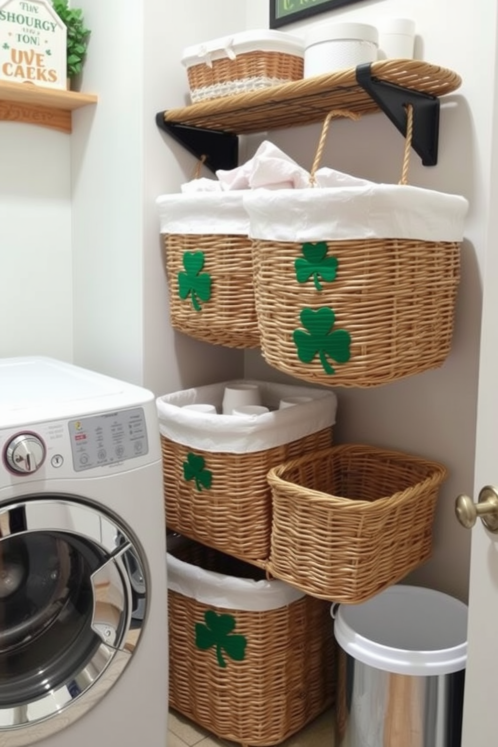 A cozy laundry room features woven baskets adorned with charming shamrock designs. These decorative baskets add a festive touch while providing practical storage solutions for laundry essentials.