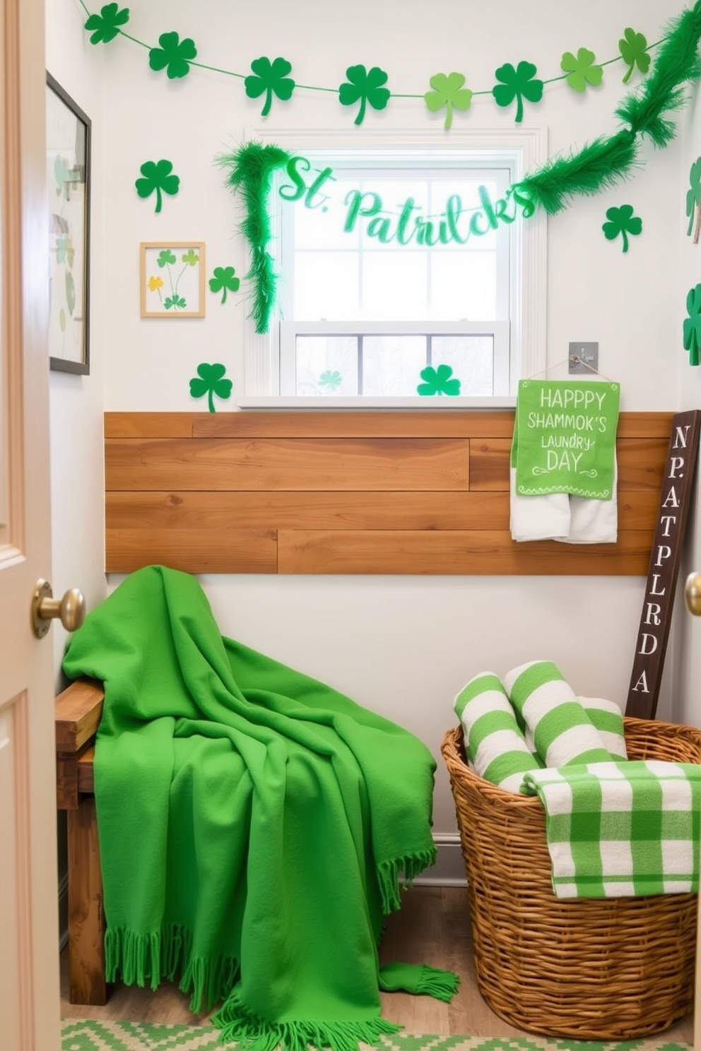 A cozy laundry room adorned for St. Patrick's Day features vibrant green throw blankets draped over a rustic wooden bench. The walls are decorated with cheerful shamrock-themed art, and a whimsical green garland hangs above the window. Incorporate festive touches like green and white striped towels neatly arranged in a basket. A decorative sign with a playful St. Patrick's Day message adds charm to the space.