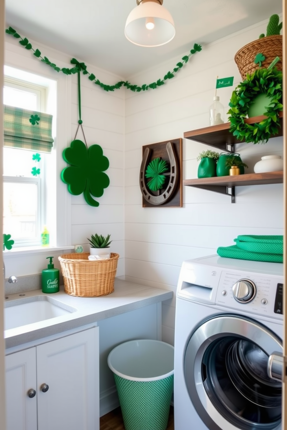 A charming laundry room featuring a lucky horseshoe decor piece prominently displayed on the wall. The space is adorned with festive St. Patrick's Day decorations, including green accents and playful shamrock motifs.