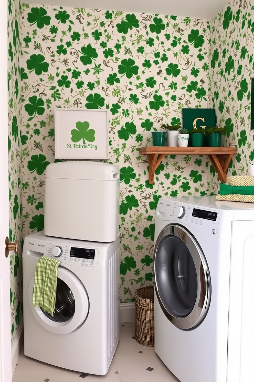 A cheerful laundry room adorned with floral wallpaper featuring St Patricks Day motifs. The space includes a white washing machine and dryer stacked neatly, complemented by a rustic wooden shelf displaying green-themed decor and potted plants.