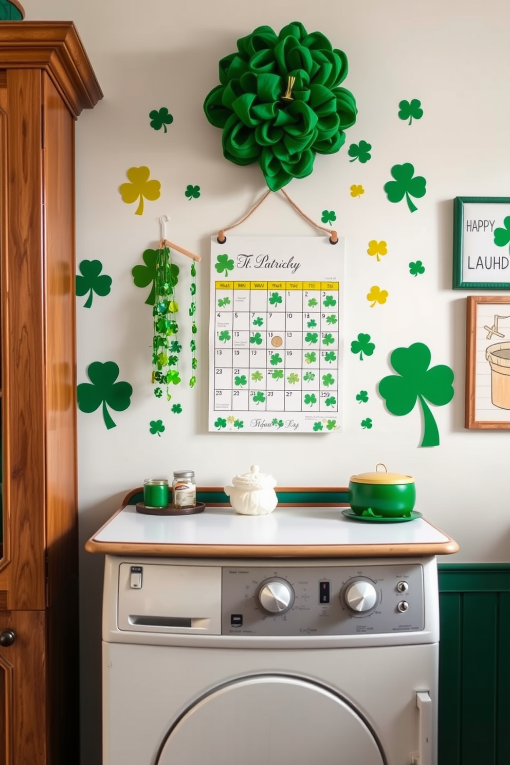 A charming Irish themed laundry room features a vintage wooden cabinet adorned with green and gold accents. A calendar display showcasing St. Patrick's Day decorations hangs on the wall, surrounded by playful shamrock motifs and cheerful laundry-themed artwork.