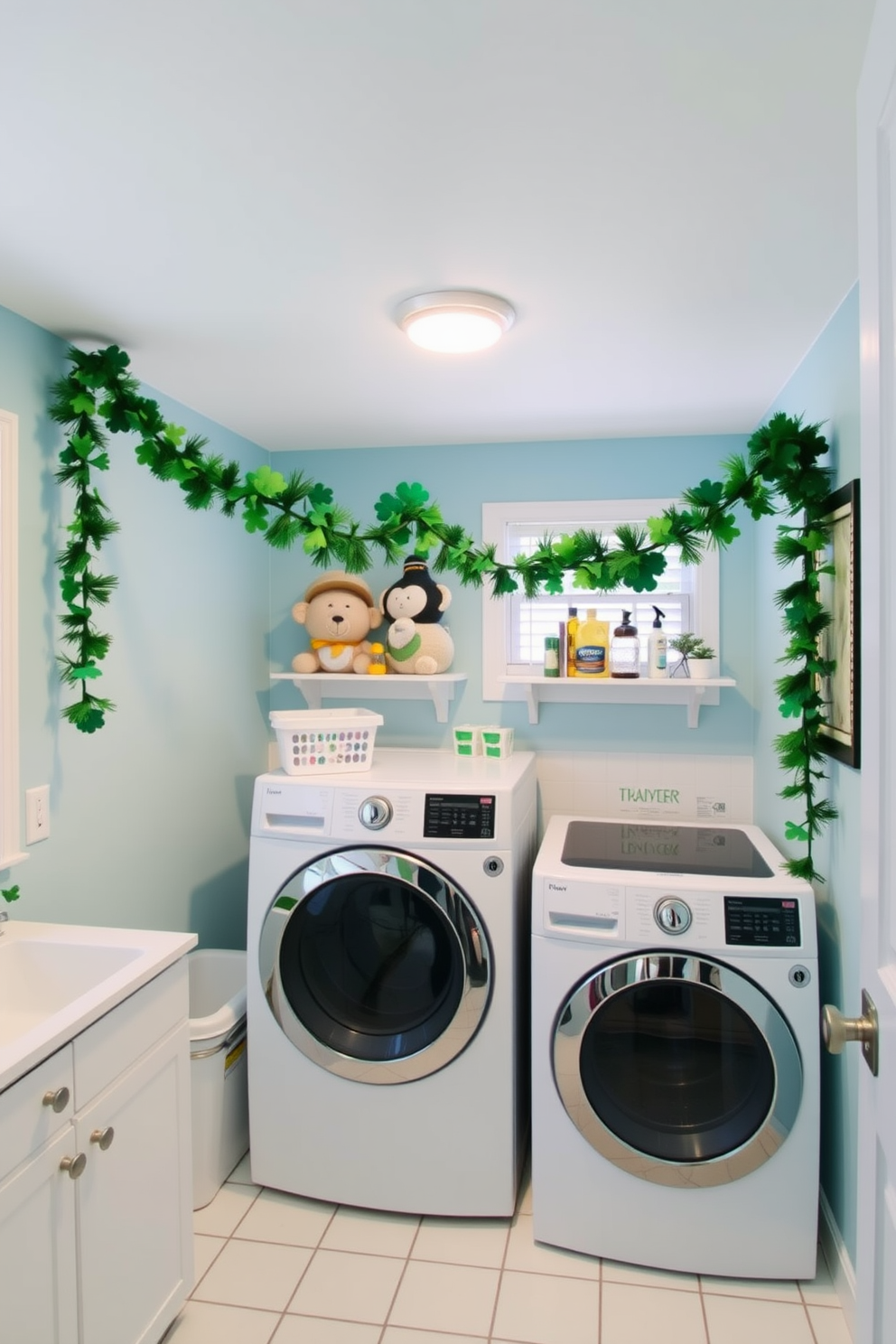 A festive laundry room adorned with a St. Patrick's Day garland draped across the ceiling. The walls are painted a cheerful light blue, and the floor is covered with white tiles, creating a bright and inviting atmosphere.