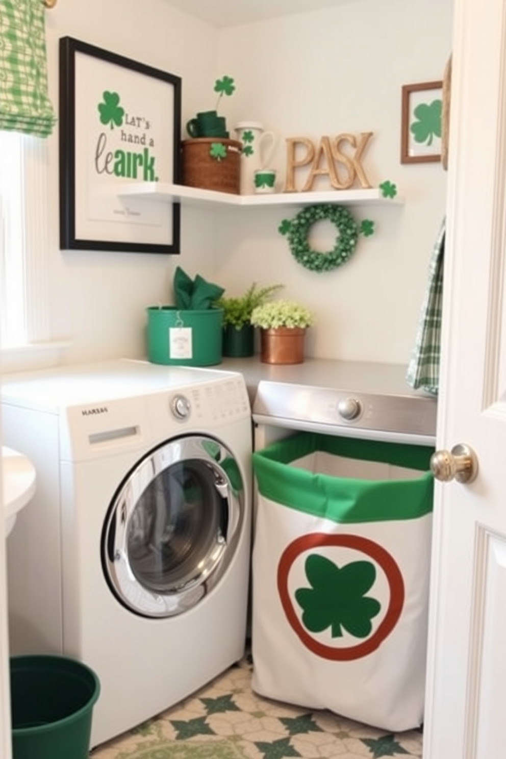 A charming laundry room featuring a lucky charm laundry basket or hamper. The space is adorned with St. Patrick's Day decorations, including green accents and festive wall art.