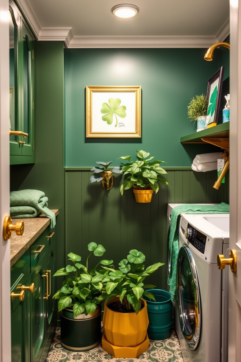 A stylish laundry room featuring a gold and green color scheme. The walls are painted in a rich emerald green, complemented by gold accents in the cabinetry and fixtures. Decorative elements celebrate St. Patrick's Day, with shamrock-themed artwork and green textiles. A cheerful arrangement of potted plants adds a fresh touch to the space.