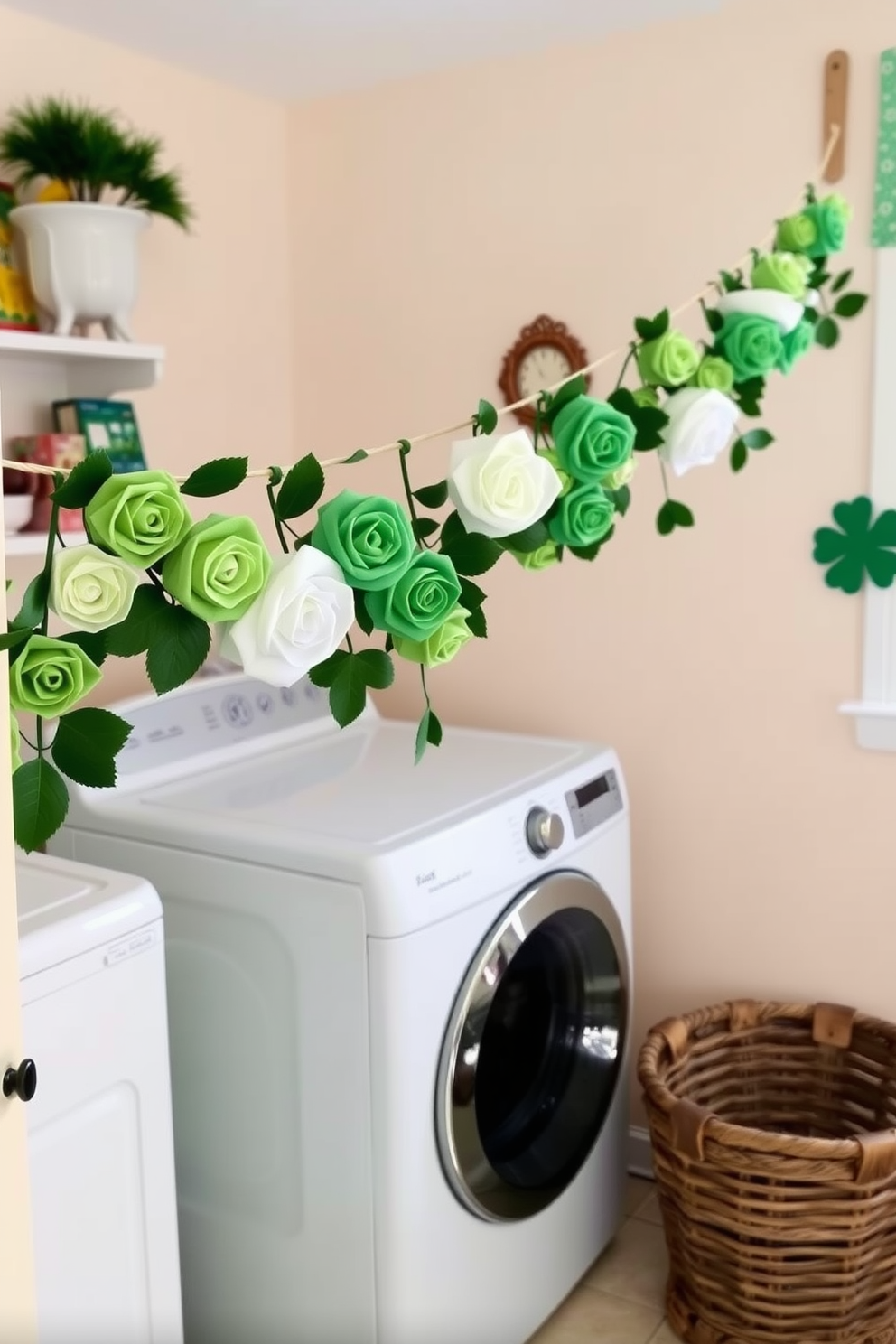 A charming laundry room decorated for St. Patrick's Day features a clothesline strung across the room adorned with fabric roses in shades of green and white. The walls are painted a soft pastel color, and a vintage wooden laundry basket sits in the corner, completing the festive atmosphere.