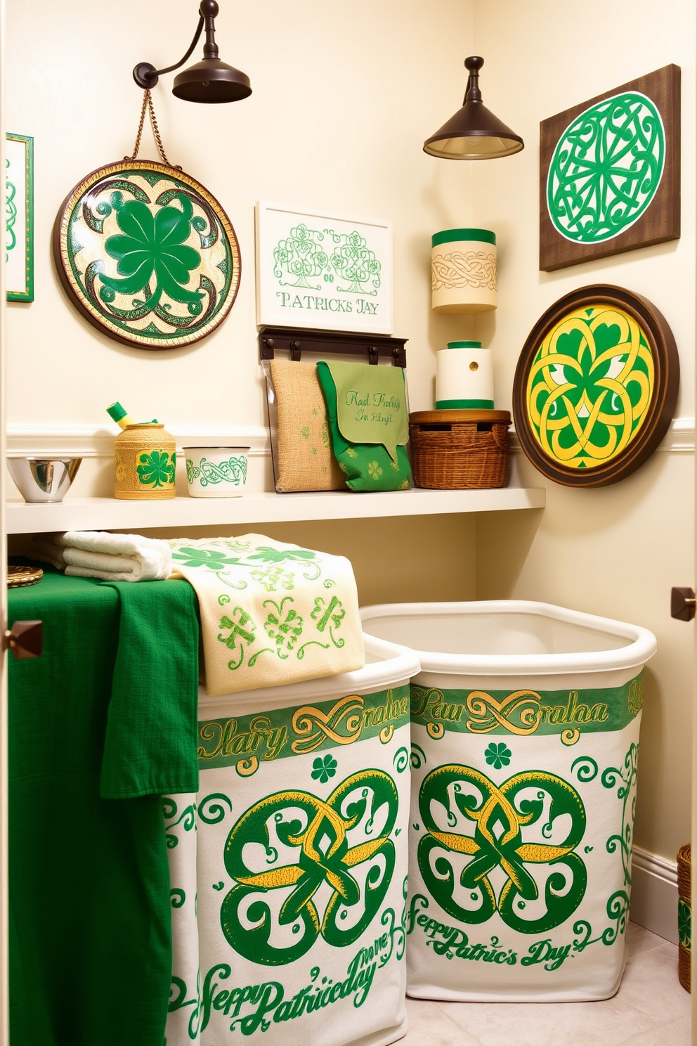 A charming laundry room adorned with Celtic knot patterns on various accessories. The walls are painted in a soft cream color, and the laundry baskets feature intricate green and gold designs celebrating St. Patrick's Day.