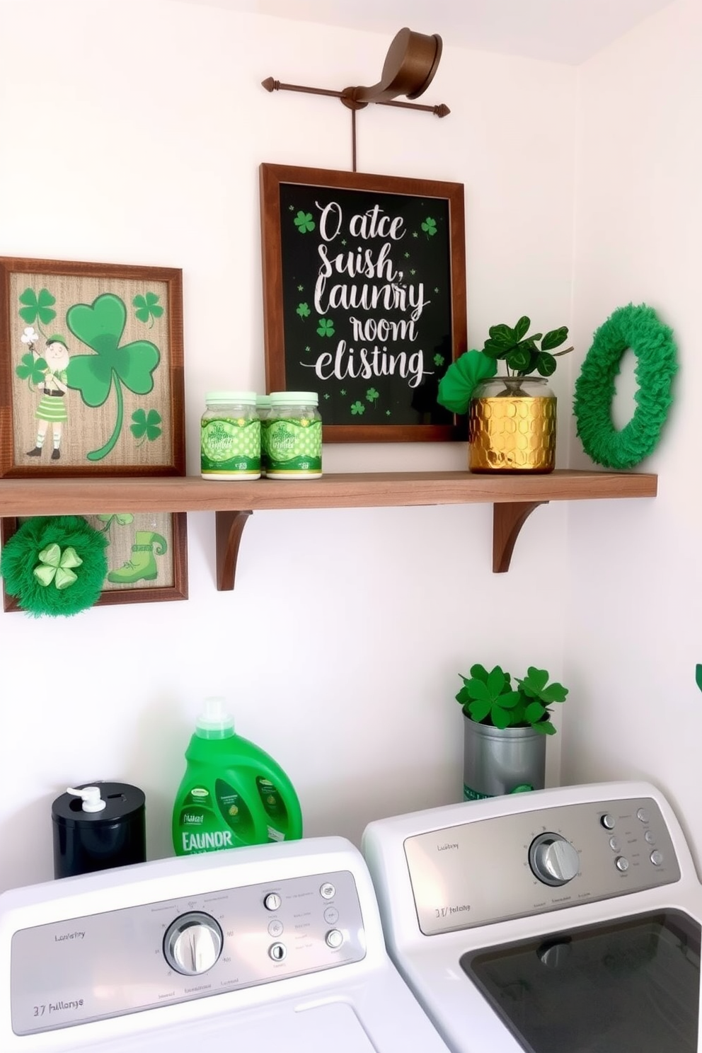 A cheerful laundry room adorned with St. Patrick's Day decorations. The walls are painted a soft white, and vibrant green accents are incorporated through artwork featuring shamrocks and leprechauns. A rustic wooden shelf displays festive laundry supplies, including green and gold detergent bottles. A framed print of a whimsical St. Patrick's Day saying hangs above the shelf, adding a playful touch to the space.