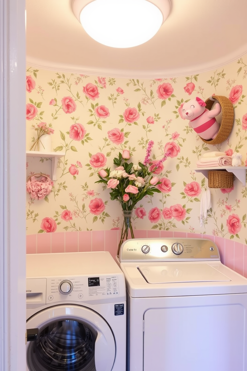 Charming floral wallpaper accents the laundry walls creating a warm and inviting atmosphere. The decor features soft pastel colors and playful patterns that celebrate the spirit of Valentine's Day.