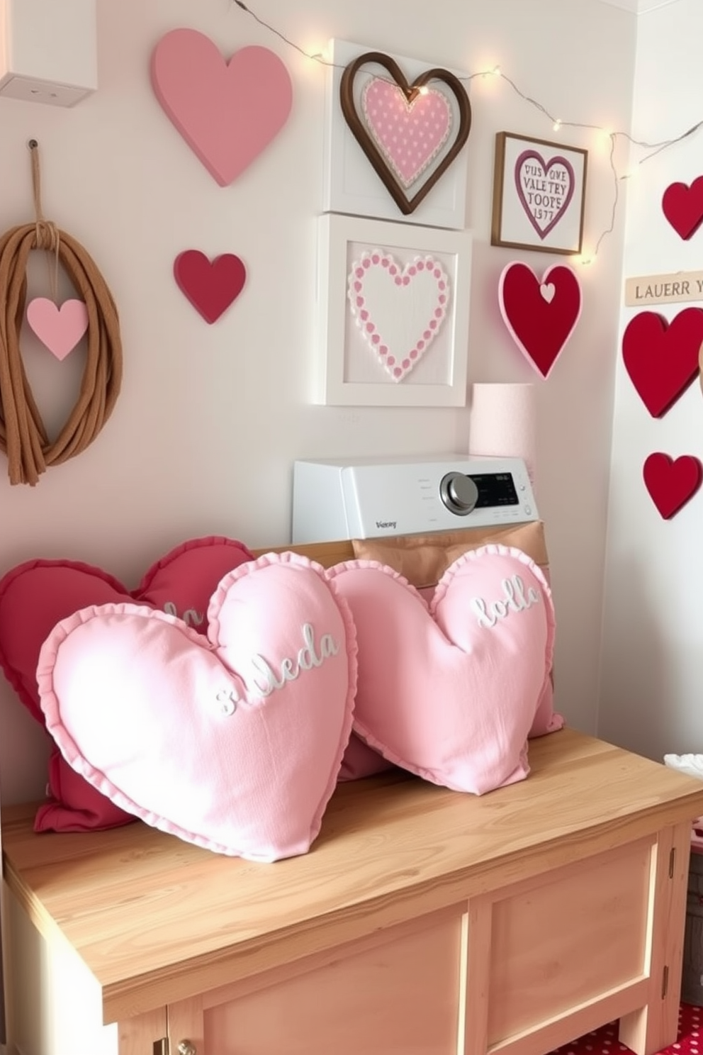 Heart-shaped throw pillows in soft pastel colors are arranged on a cozy wooden bench in the laundry room. The space is adorned with Valentine's Day decorations, including heart-themed wall art and string lights for a cheerful ambiance.