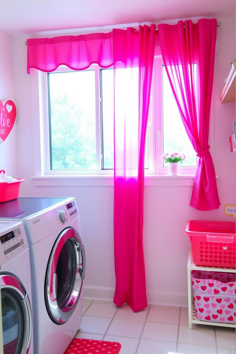 A bright and cheerful laundry room adorned with bright pink curtains framing the windows. The space is decorated with playful Valentine's Day accents such as heart-shaped wall art and red and pink storage baskets.