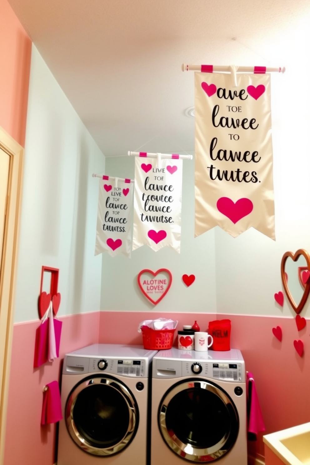 Banners with love quotes hang gracefully from the ceiling, creating a warm and inviting atmosphere in the laundry room. The walls are adorned with soft pastel colors, complemented by heart-shaped decor and cheerful accents that celebrate Valentine's Day.