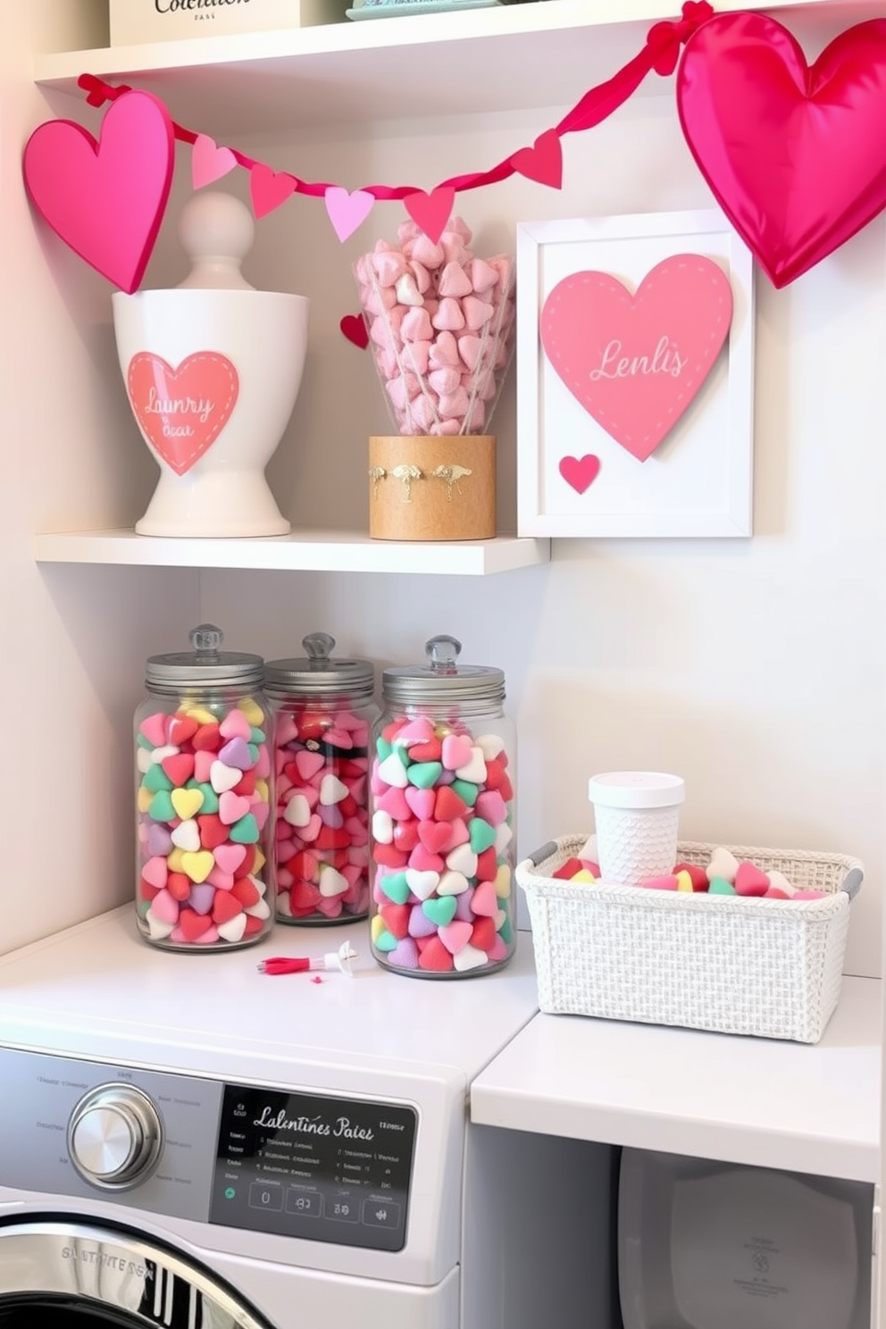 A cheerful laundry room adorned for Valentine's Day. Decorative jars filled with colorful candy hearts are displayed on a shelf, adding a playful touch to the space.