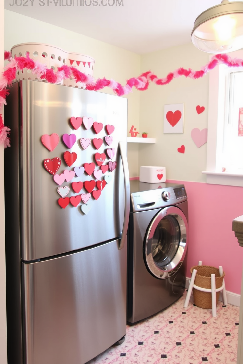 Create a whimsical laundry room setting adorned with heart-shaped magnets on a stainless steel fridge. The walls are painted in soft pastel colors, and a cheerful Valentine's Day theme is incorporated with decorative garlands and playful wall art.