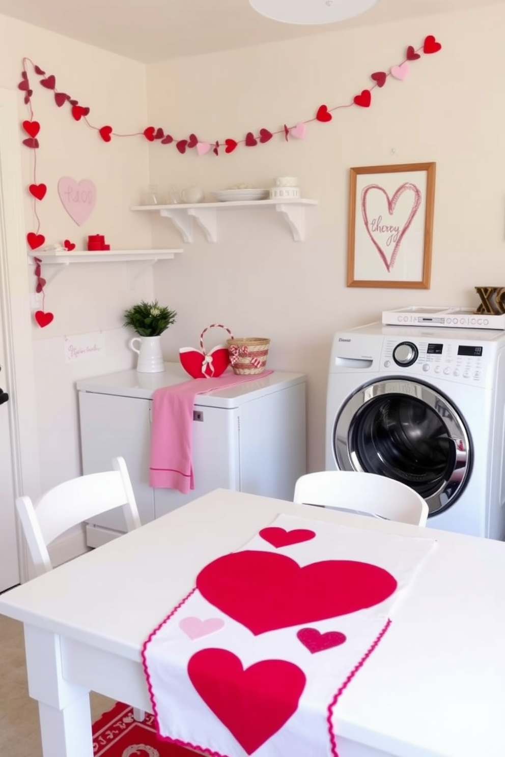 A festive laundry room setting adorned with a cheerful table runner featuring hearts. The walls are painted in soft pastel colors, and decorative elements like heart-shaped garlands and seasonal artwork enhance the Valentine's Day theme.