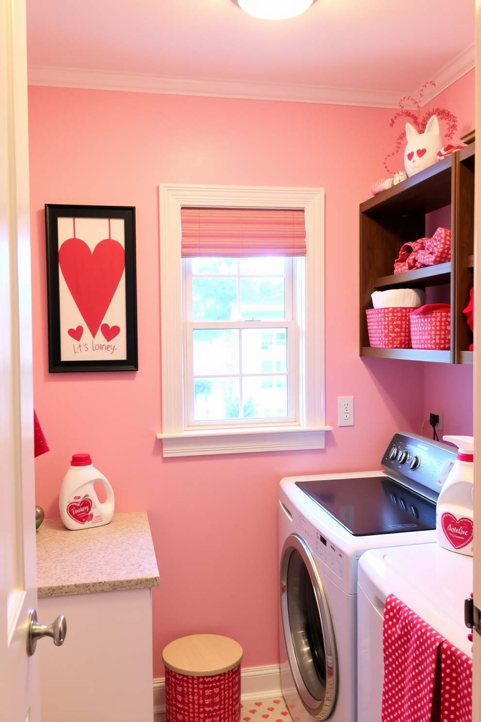 A charming laundry room decorated for Valentine's Day. The walls are painted soft pink and adorned with heart-themed artwork, while the countertops are lined with playful red and white laundry detergent labels featuring romantic designs.