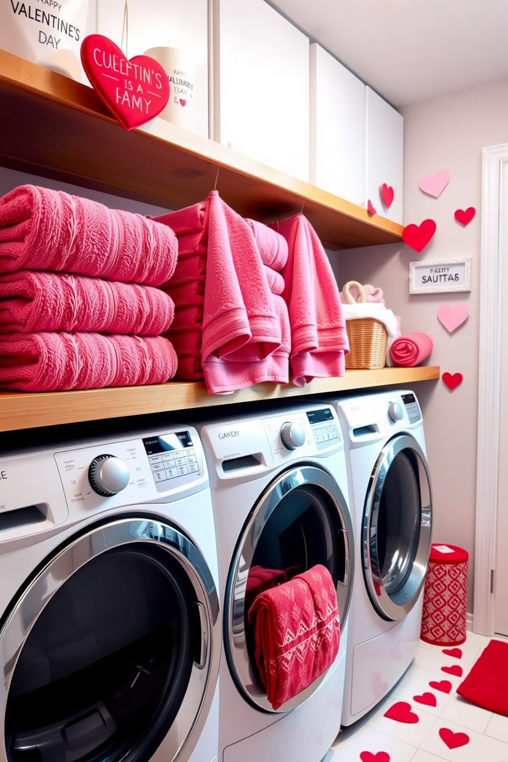 A cozy laundry room adorned with soft pink and red towels neatly displayed on a wooden shelf. Heart-themed decorations are scattered throughout, adding a festive touch for Valentine's Day.