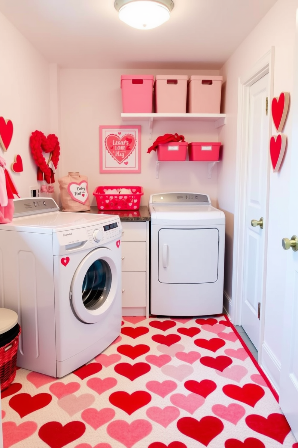 A charming laundry room featuring a heart patterned rug in vibrant red and white hues. The walls are adorned with cheerful Valentine's Day decorations, including heart-shaped wall art and pastel-colored storage bins.