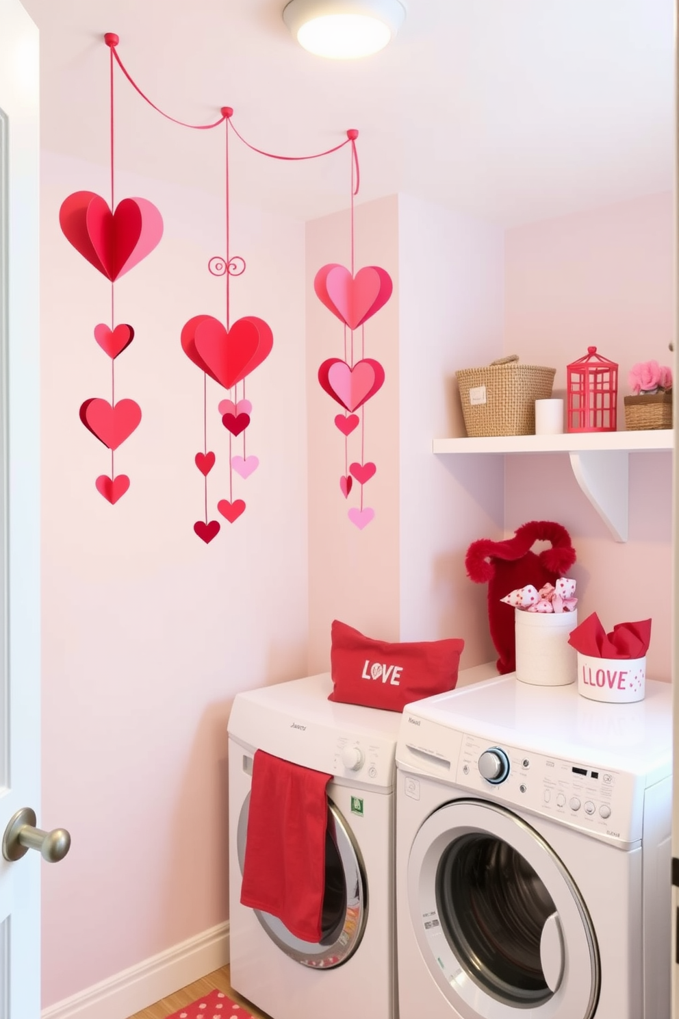 A charming laundry room decorated for Valentine's Day with DIY paper heart mobiles hanging from the ceiling. The walls are painted in a soft pastel color, and a cozy, organized space features a stylish washer and dryer with heart-themed accessories.