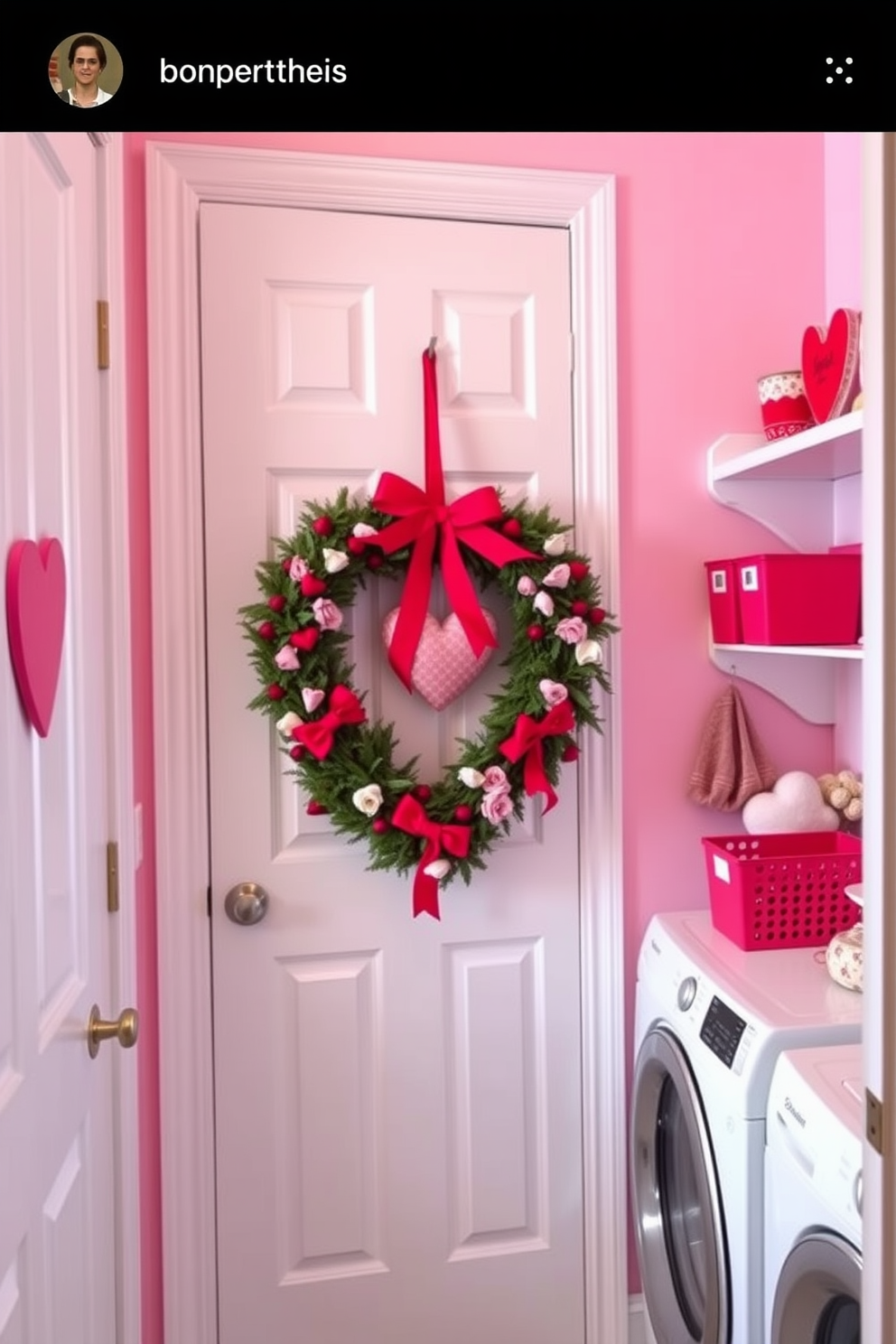 A charming laundry room adorned for Valentine's Day features a heart-shaped wreath hanging on the door. Soft pastel colors dominate the space, with decorative accents like red and pink storage bins and heart-themed wall art.