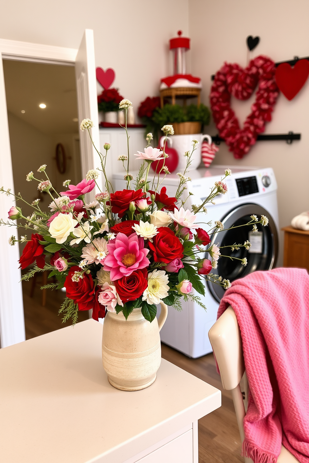 A vibrant seasonal floral arrangement is displayed on the countertop, featuring a mix of fresh blooms in shades of red, pink, and white. The arrangement is complemented by delicate greenery and sits in a rustic ceramic vase. The laundry room is tastefully decorated for Valentine's Day, with heart-themed accents and soft lighting. A cozy throw blanket drapes over a nearby chair, adding a touch of warmth and charm to the space.