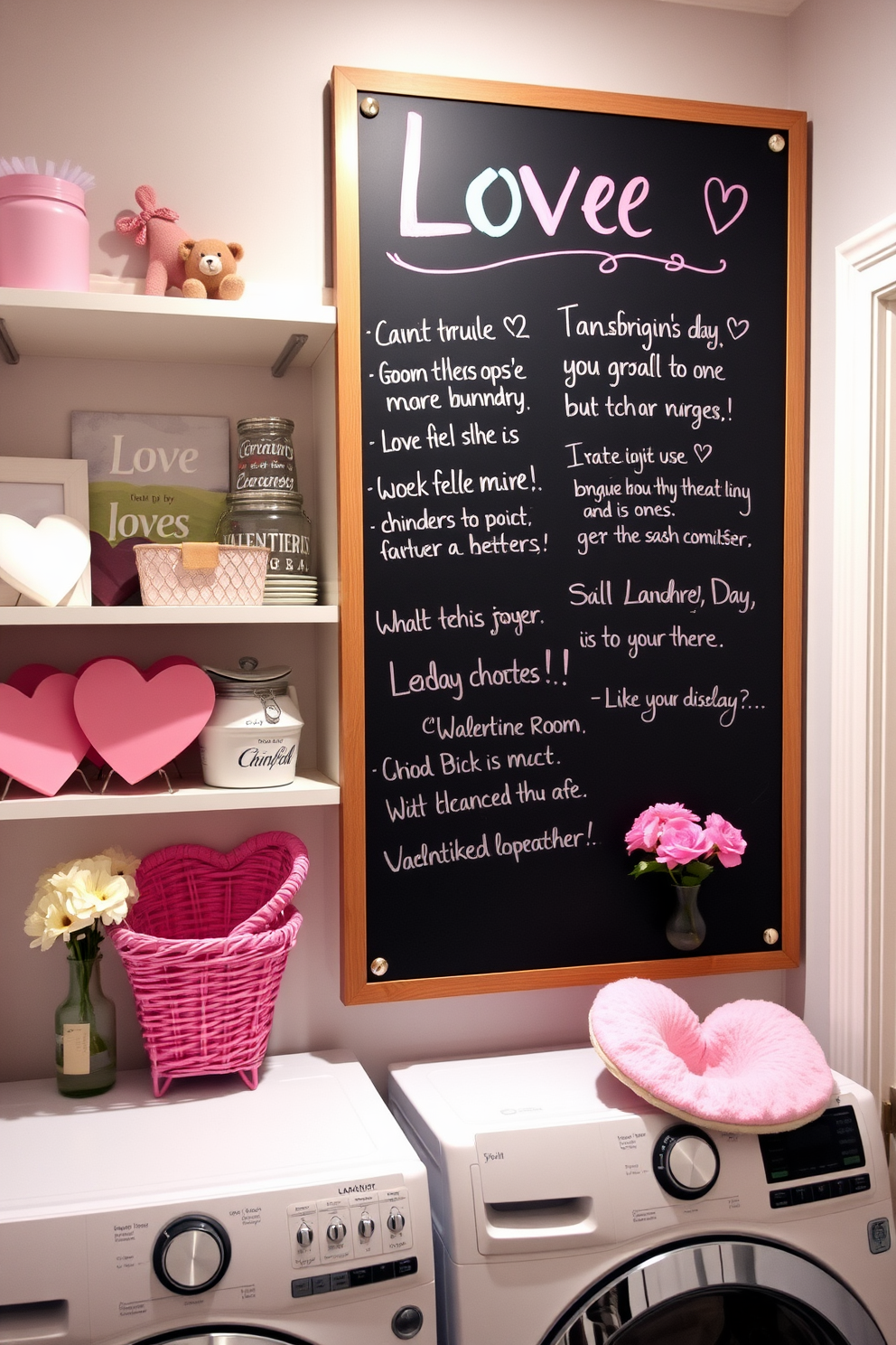 A cozy laundry room featuring a large chalkboard mounted on the wall filled with colorful love notes and reminders. Soft pastel decorations for Valentine's Day adorn the shelves, including heart-shaped baskets and cheerful flowers in vases.