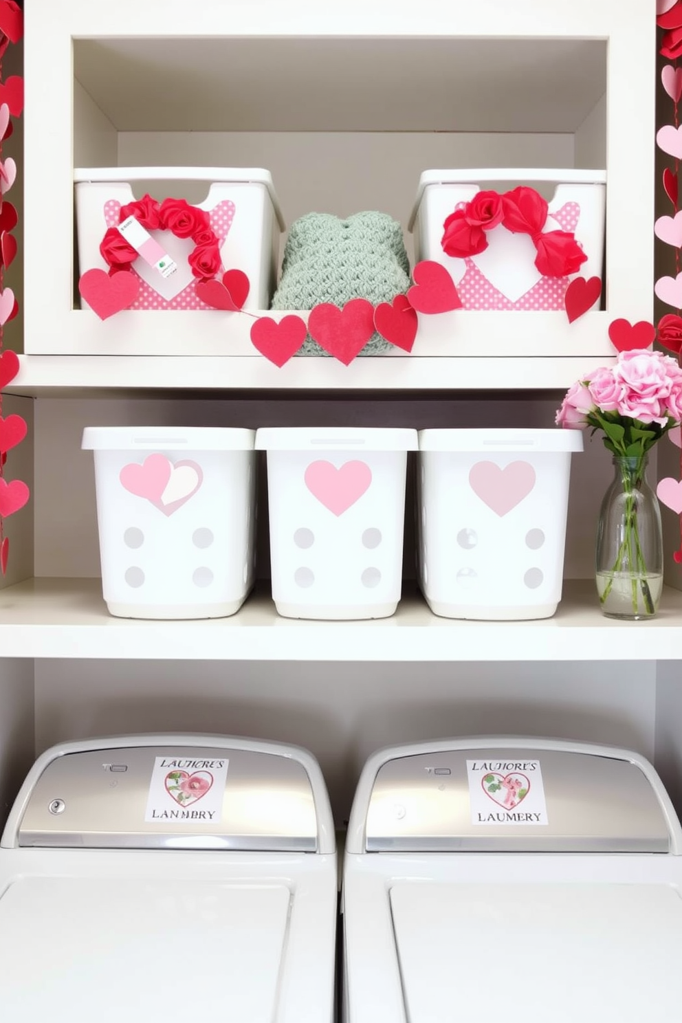 Heart themed laundry room organization labels. Soft pastel colors with heart motifs adorn each label for a charming touch. Laundry room Valentine's Day decorating ideas. Incorporate heart shaped garlands and floral arrangements to create a festive atmosphere.