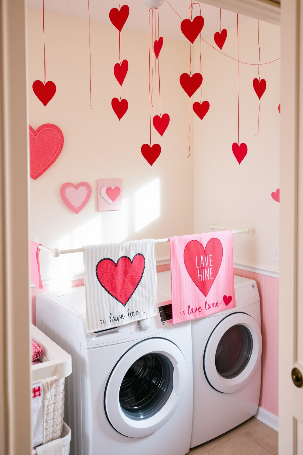 A cozy laundry room adorned with Valentine themed artwork displayed on a drying rack. The walls are painted in soft pastel colors, and heart-shaped decorations hang from the ceiling, creating a cheerful atmosphere.