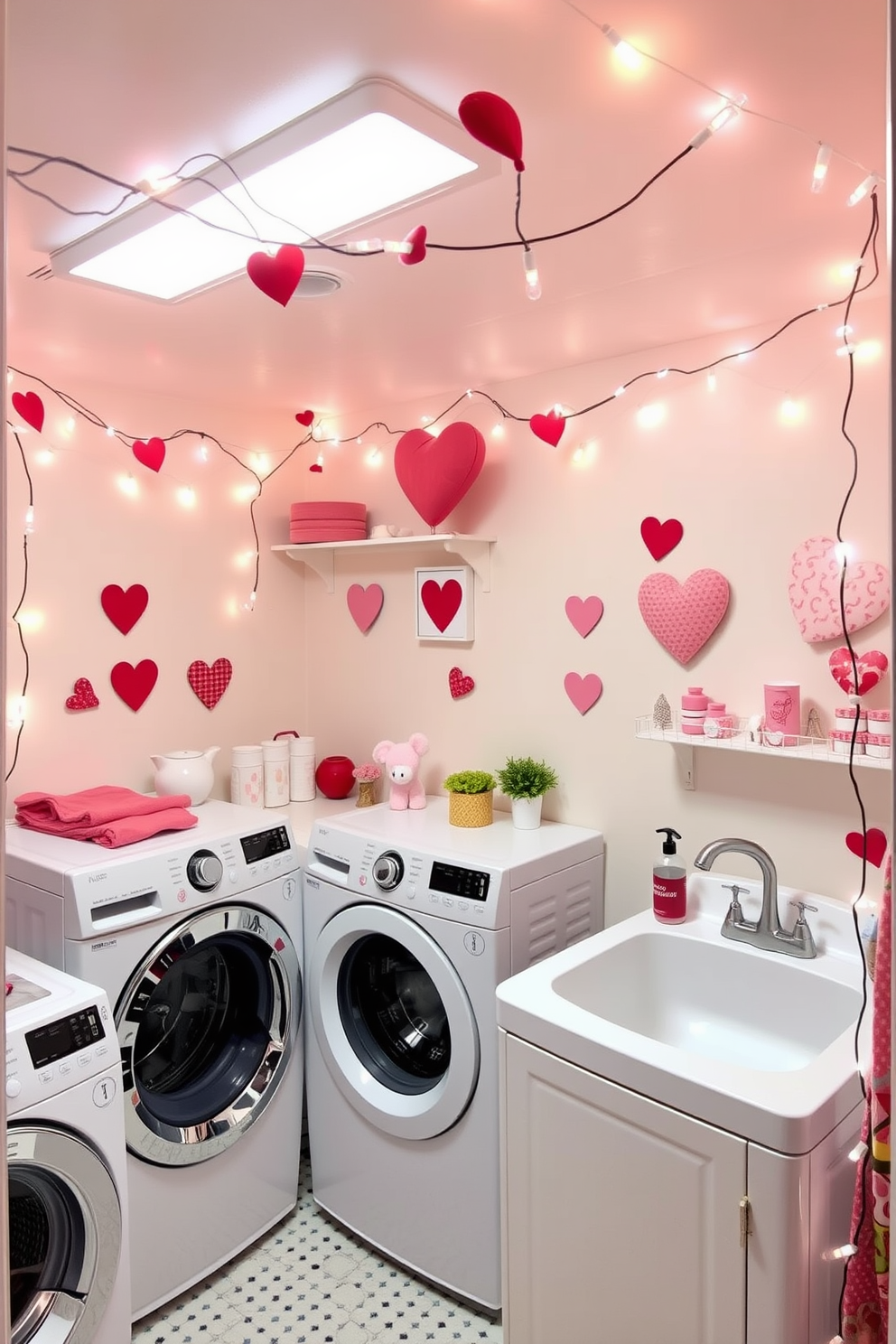 A cheerful laundry room decorated for Valentine's Day features festive string lights draped around the ceiling and along the walls. The space is filled with heart-shaped decor and soft pastel colors, creating a warm and inviting atmosphere.