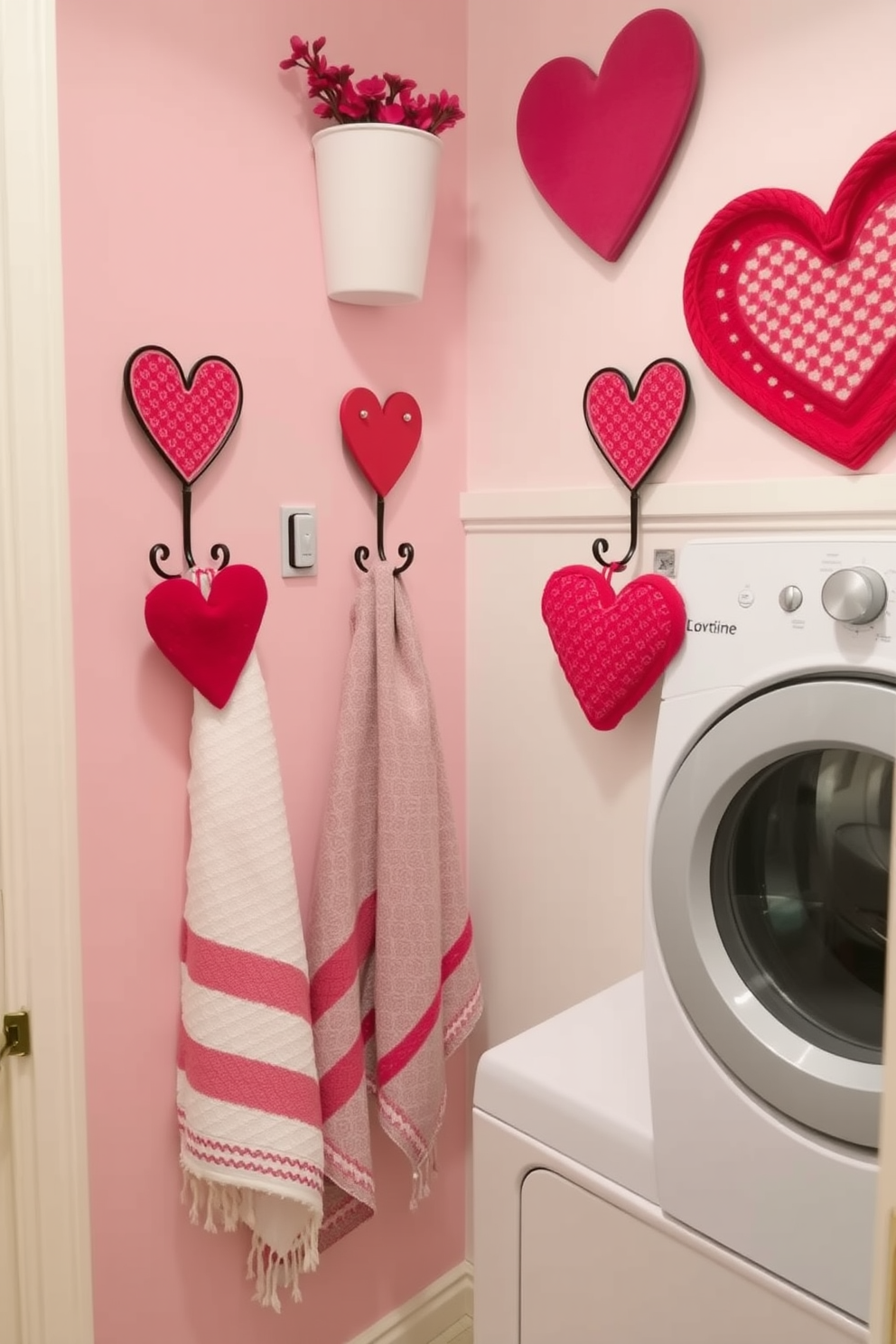 A charming laundry room featuring decorative heart-shaped hooks for towels. The walls are painted in soft pastels, creating a warm and inviting atmosphere for Valentine's Day decorating.