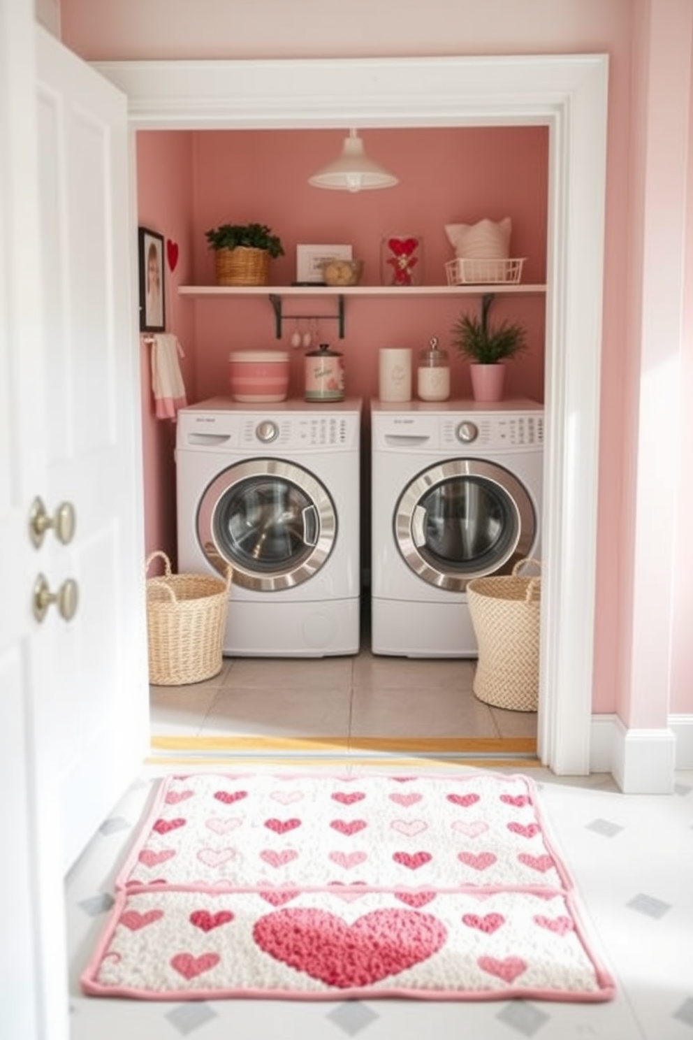 A cute laundry room doormat featuring a heart pattern welcomes you into a cheerful space. The room is adorned with soft pastel colors and playful decor that evokes a warm and loving atmosphere for Valentine's Day.