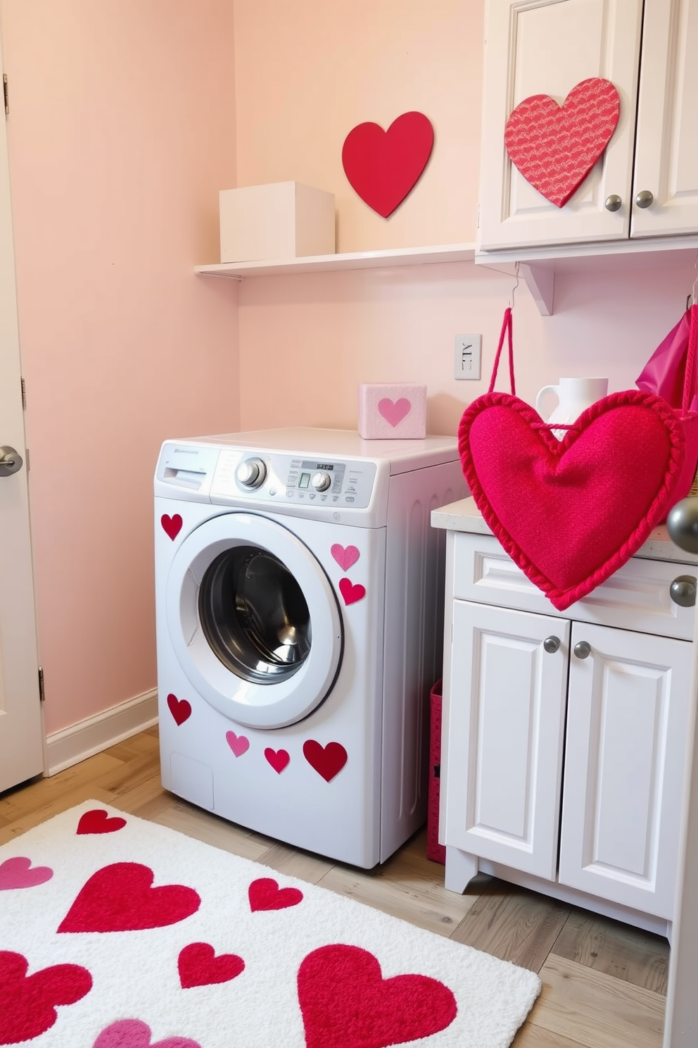 A cheerful laundry room decorated for Valentine's Day features a washing machine adorned with colorful heart stickers. The walls are painted in a soft pastel shade, and a cozy rug with heart patterns lies on the floor.