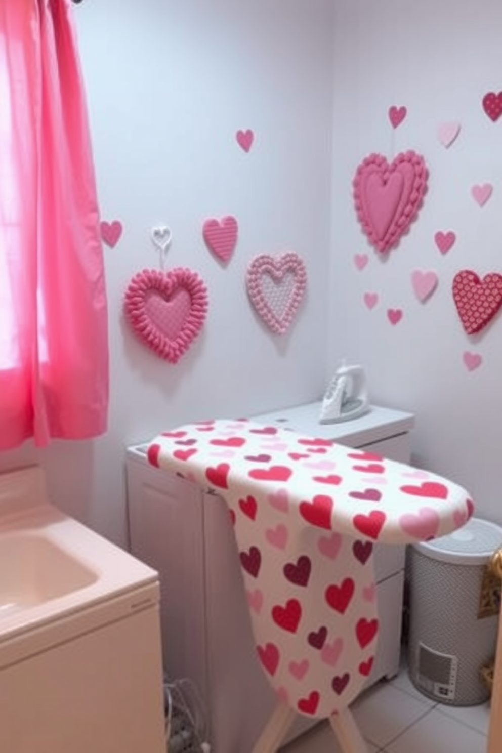 Valentine themed fabric covers the ironing board in the laundry room. The walls are adorned with heart-shaped decorations and soft pink accents, creating a cheerful and festive atmosphere.