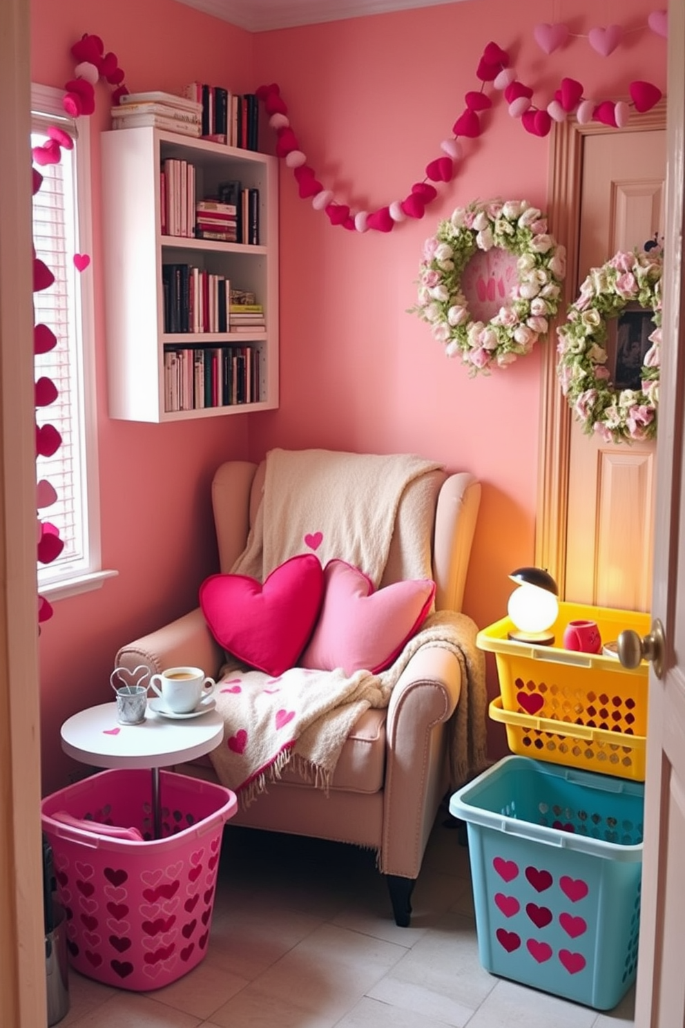 Cozy reading nook with heart accents. A plush armchair is nestled in the corner, draped with a soft blanket and surrounded by shelves filled with books. The walls are painted in a warm pastel hue, and heart-shaped cushions are scattered on the chair. A small side table holds a steaming cup of tea and a decorative heart-shaped lamp. Laundry Room Valentines Day Decorating Ideas. Brightly colored laundry baskets are arranged neatly, adorned with heart-themed stickers. The walls are decorated with cheerful Valentine’s Day garlands, and a heart-shaped wreath hangs on the door.