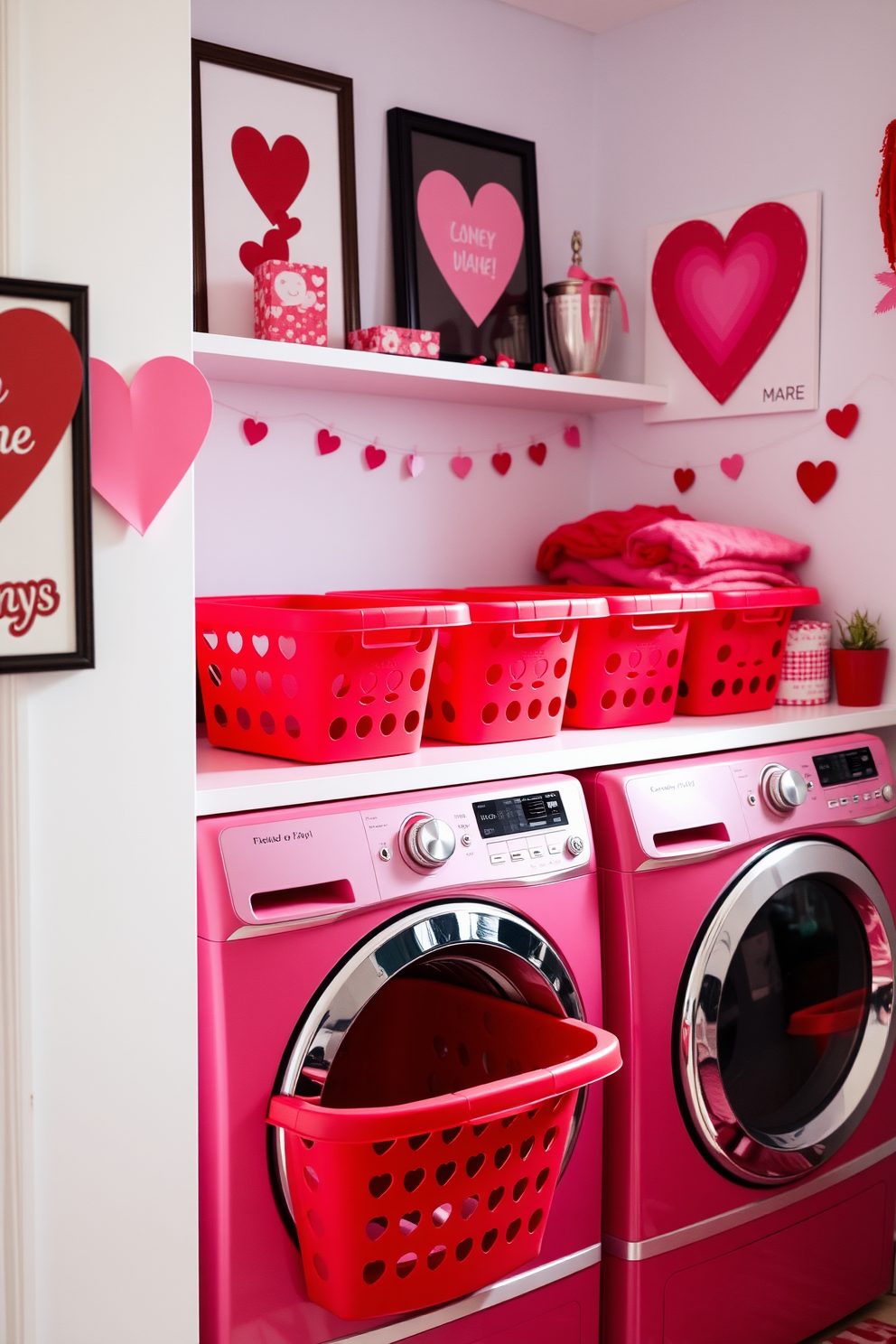 A vibrant laundry room featuring red and pink laundry baskets arranged neatly on a shelf. The walls are adorned with heart-themed artwork and festive decorations to celebrate Valentine's Day.