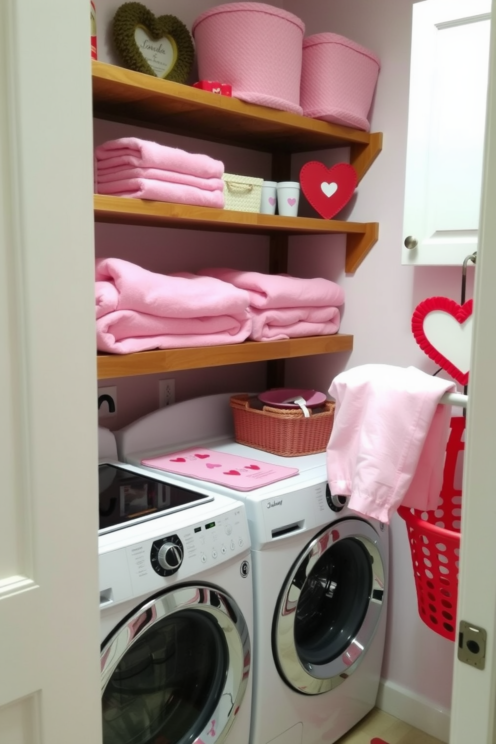 A charming laundry room decorated for Valentine's Day features pink and red themed accessories. Soft pink towels are neatly arranged on a wooden shelf, and a vibrant red laundry basket sits in the corner, adding a festive touch.