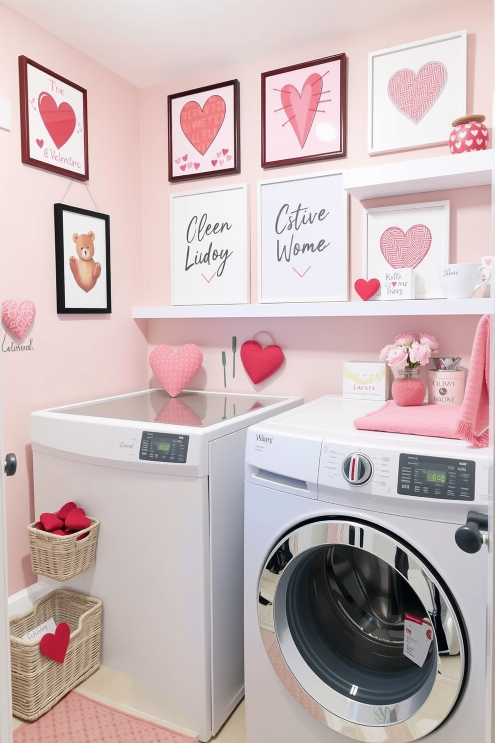 Create a cozy laundry room adorned with Valentine themed wall art prints. The walls are painted in soft pastel colors, and charming heart-shaped decor pieces are displayed on shelves.