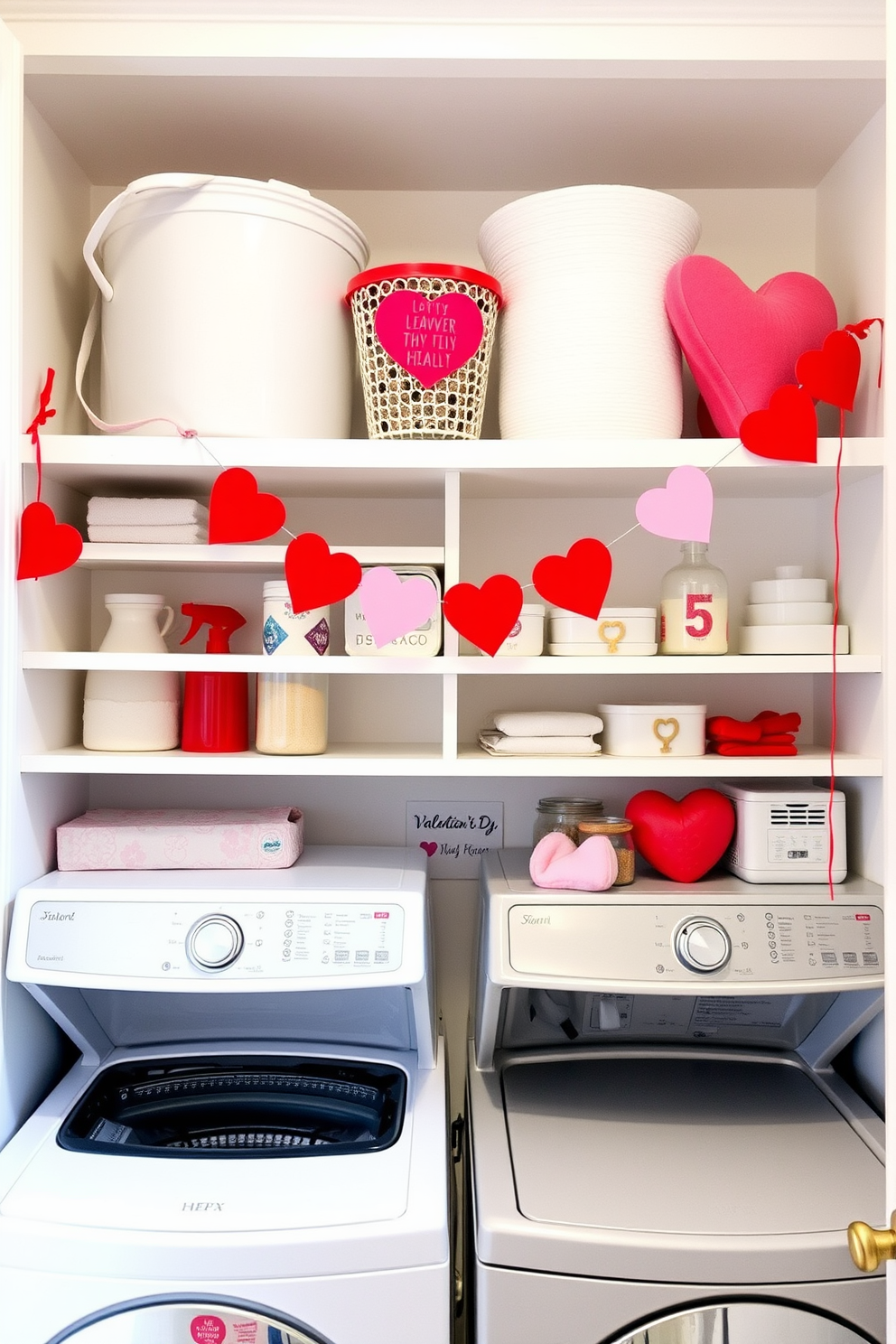 A cute heart garland drapes across the open shelves in a bright and cheerful laundry room. The shelves are filled with neatly organized laundry supplies and decorative items that celebrate the spirit of Valentine's Day.