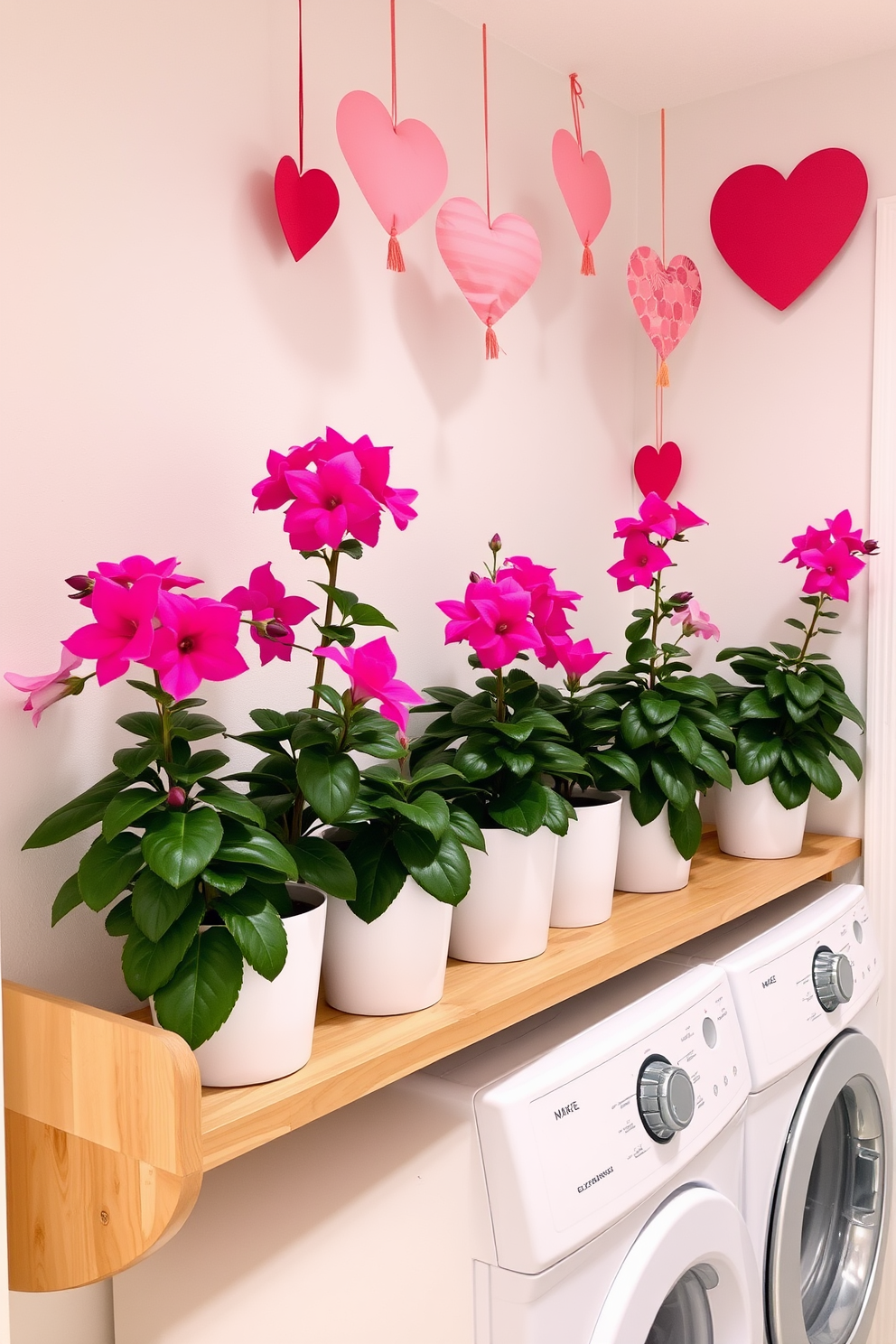 A bright and cheerful laundry room featuring potted plants with vibrant pink blooms arranged on a wooden shelf. The walls are painted in soft pastel colors, and decorative hearts are hung to celebrate Valentine's Day.