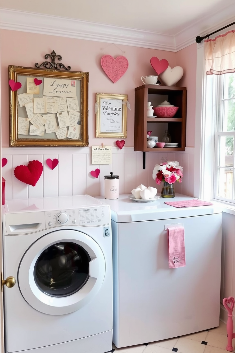 A charming laundry room adorned with vintage love letters elegantly framed and displayed on the walls. The decor features soft pastel colors and heart-themed accents, creating a warm and romantic atmosphere for Valentine's Day.