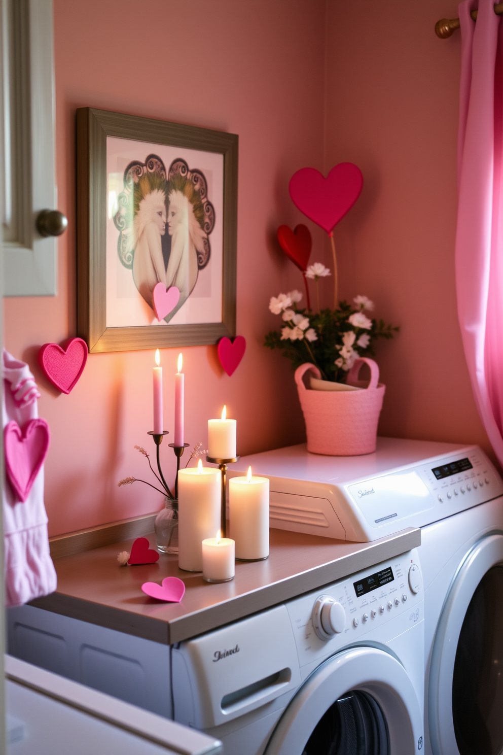 A cozy laundry room adorned with romantic scented candles placed on the countertop. The decor features soft pink accents and heart-shaped decorations to celebrate Valentine's Day.