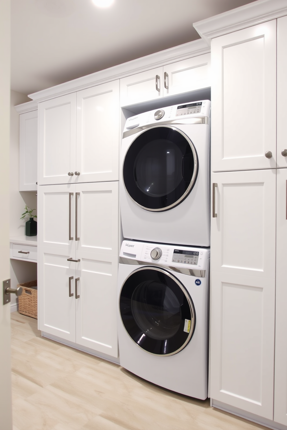 Bright white cabinetry creates a clean and modern look in the laundry room. The stacked washer and dryer are seamlessly integrated into the cabinetry, maximizing space while maintaining an organized aesthetic.