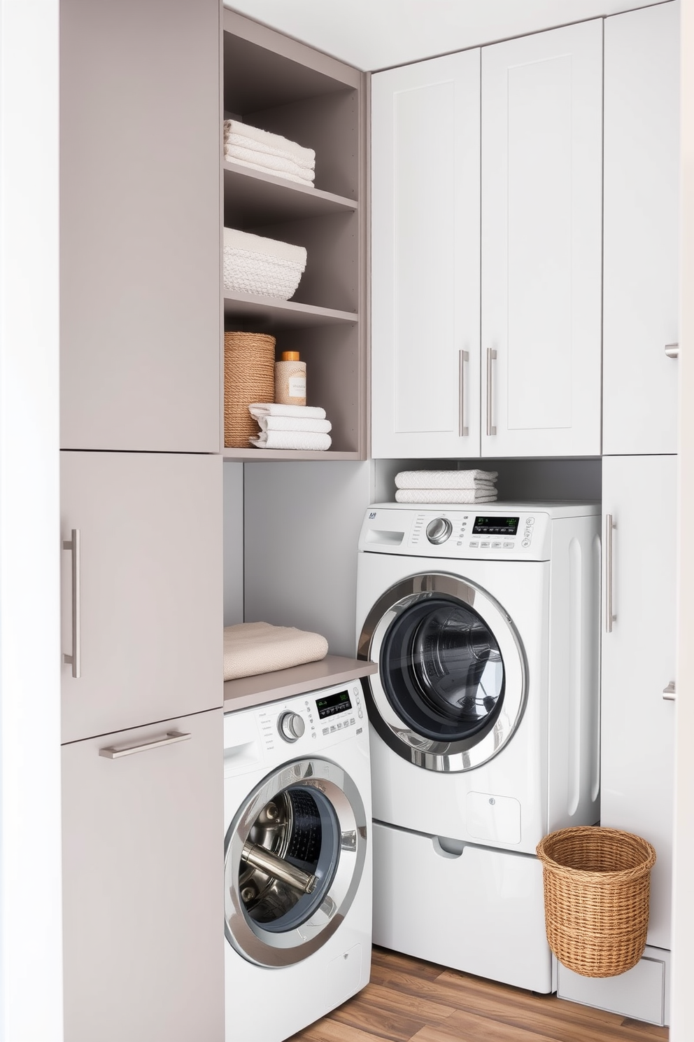 A modern laundry room featuring vertical storage solutions designed for small spaces. The walls are adorned with sleek cabinetry that maximizes storage while maintaining a clean aesthetic. A stacked washer and dryer unit sits neatly in the corner, surrounded by open shelving for easy access to laundry essentials. Bright lighting illuminates the space, creating an inviting atmosphere for efficient laundry tasks.