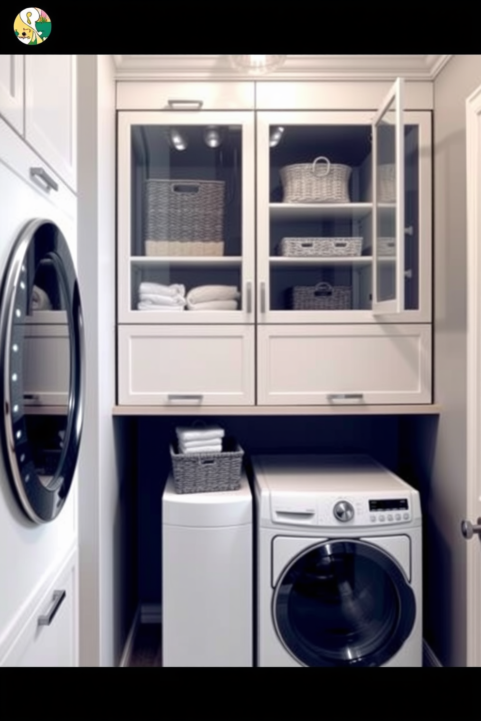 A modern laundry room features glass front cabinets that elegantly showcase neatly organized laundry supplies and decorative storage baskets. The stacked washer and dryer are seamlessly integrated into the cabinetry, creating a sleek and functional space. The walls are painted in a soft gray tone, while the floor is adorned with light-colored tiles that enhance the room's brightness. A countertop above the appliances provides additional workspace for folding clothes, and a stylish light fixture adds a touch of sophistication.