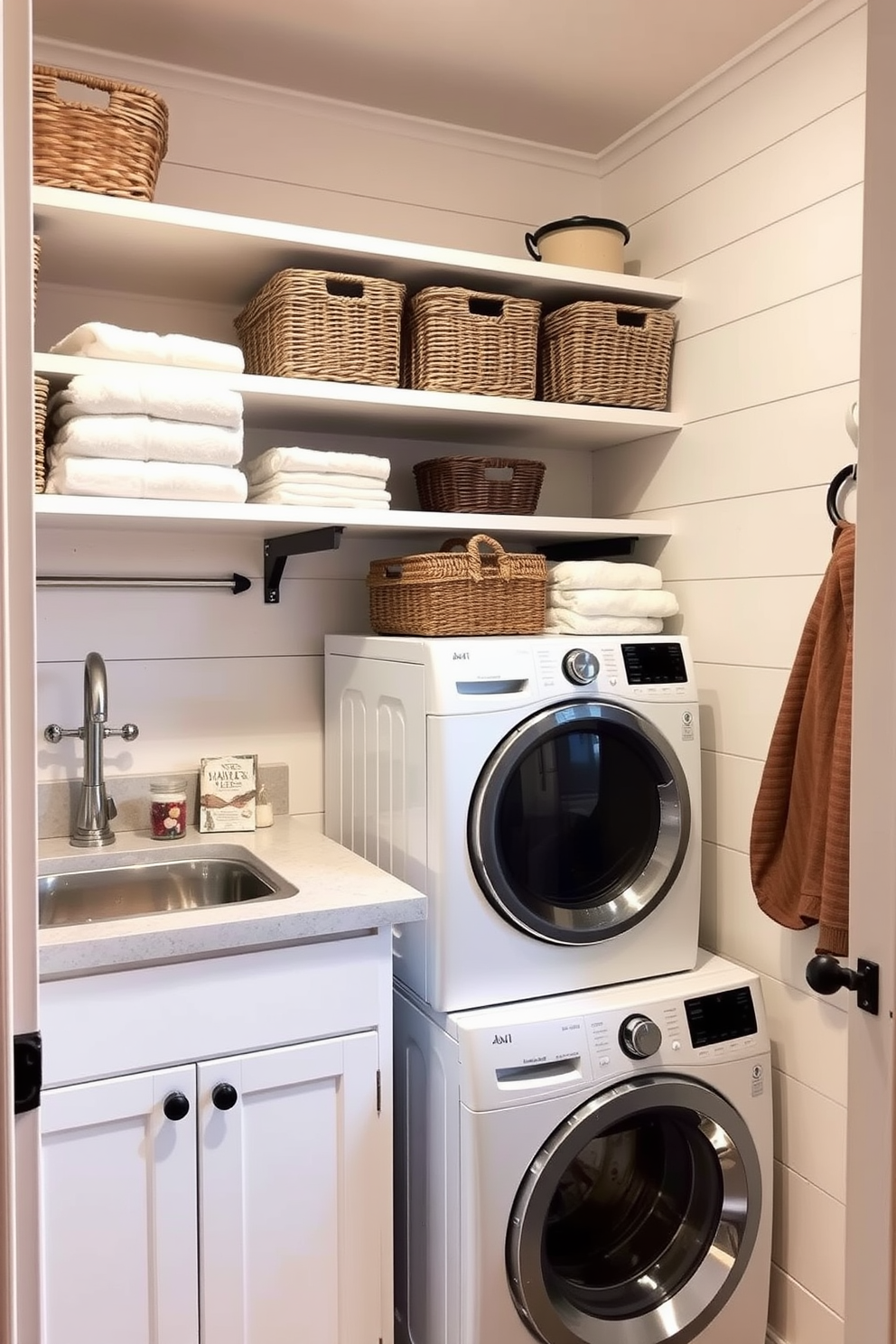 A rustic farmhouse laundry room features shiplap walls painted in a soft white hue. The stacked washer and dryer are tucked into a cozy nook, surrounded by open shelving filled with neatly folded towels and decorative baskets.