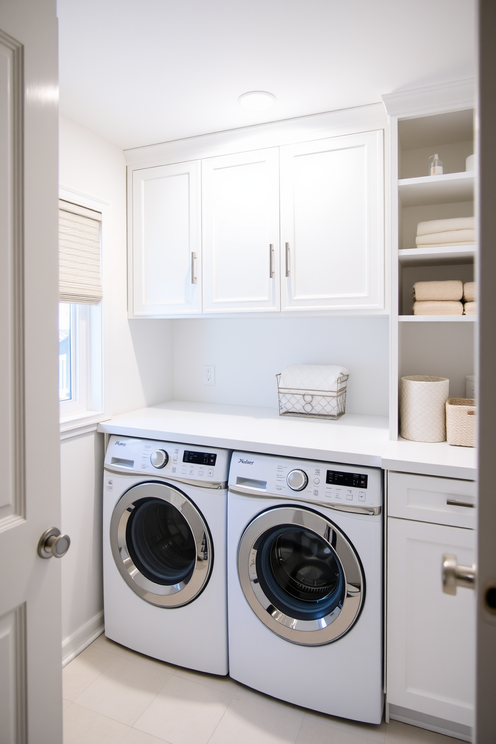 Bright lighting enhances the visibility of the laundry room, creating an inviting and functional space. The design features a stacked washer and dryer unit, seamlessly integrated into sleek cabinetry for a clean look. The walls are painted in a soft white, reflecting light and making the room feel larger. A spacious countertop above the washer and dryer provides ample space for folding clothes, while open shelving offers convenient storage for laundry essentials.